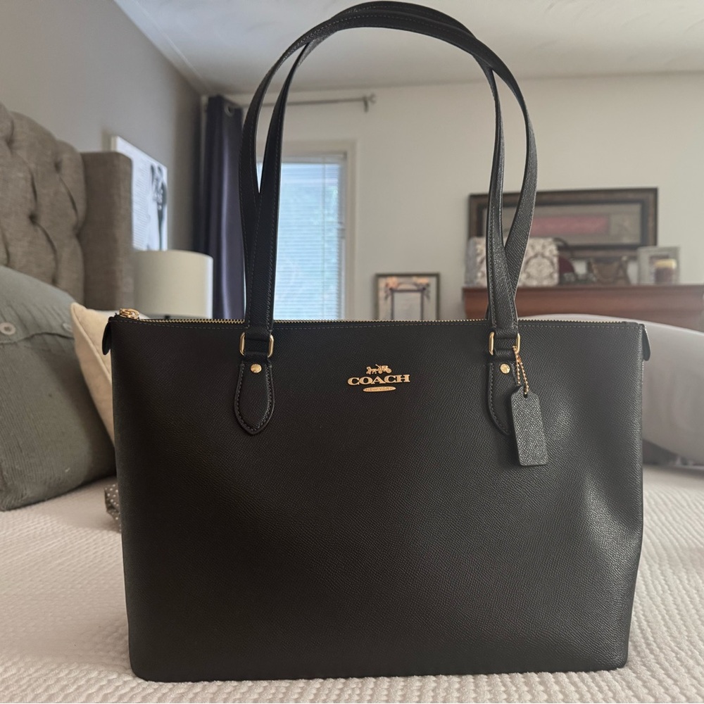 Coach Black Textured Tote Bag with Leather Trim